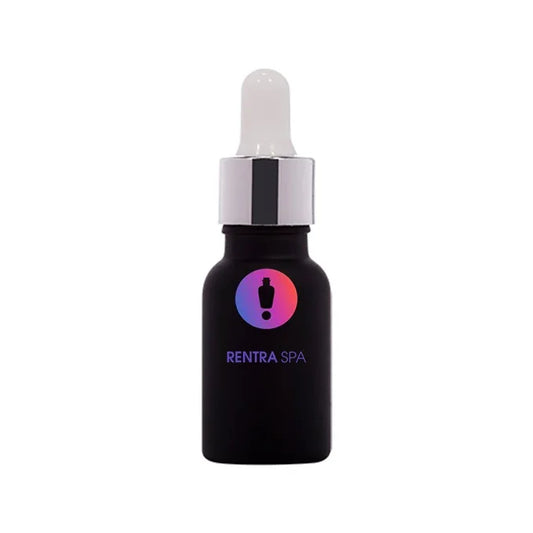 Black frosted glass dropper bottle with gradient logo and silver cap for cosmetic packaging