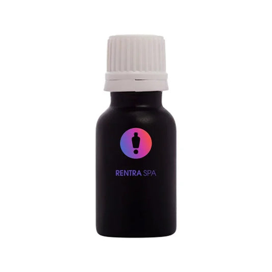 Black glass cosmetic dropper bottle with white cap and colorful logo on front