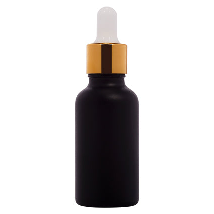 Matte black glass dropper bottle with gold cap for cosmetic packaging