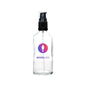 Clear glass cosmetic spray bottle with black pump and printed logo, ideal for packaging