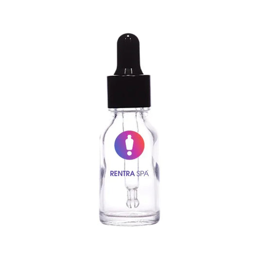 Clear glass dropper bottle with black cap and colorful logo, ideal for cosmetic packaging