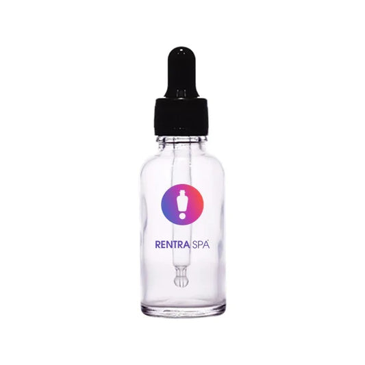 Clear glass dropper bottle with black cap for cosmetic serum packaging