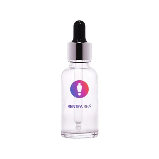 Clear glass dropper bottle with black cap for cosmetic packaging, gradient logo on front