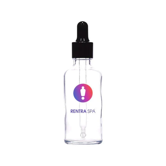 Clear glass dropper bottle with black cap, ideal for cosmetic serum packaging