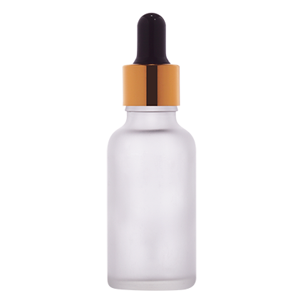 Frosted glass dropper bottle with gold and black cap for cosmetic packaging