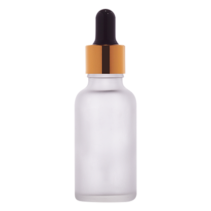 Frosted glass dropper bottle with gold and black cap for cosmetic packaging