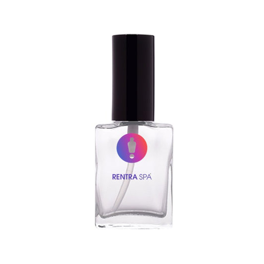 Square clear glass cosmetic spray bottle with black cap, custom branding, isolated on white