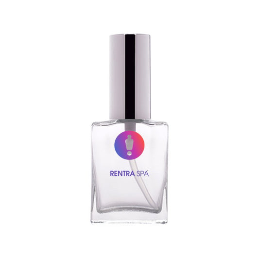 Clear square glass cosmetic bottle with silver cap and RENTRASPA™ logo on white background