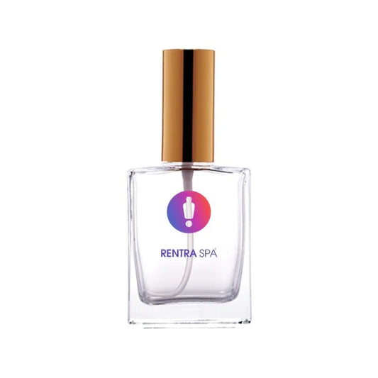 Clear square glass spray bottle with gold cap for cosmetic packaging