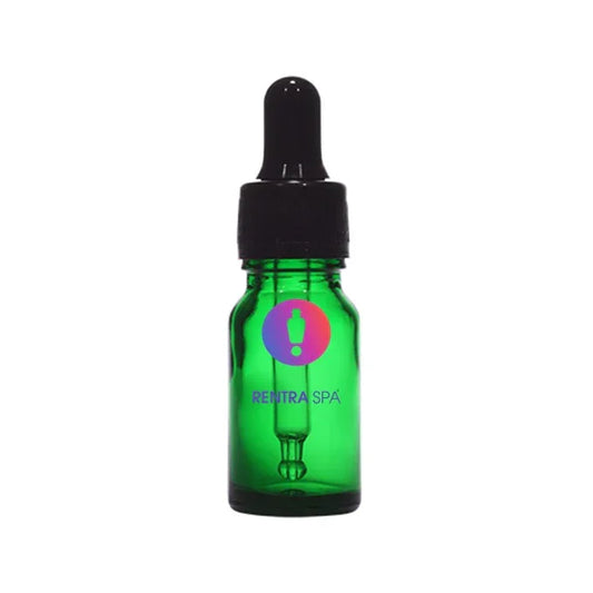 Green glass dropper bottle with black cap, suitable for cosmetic packaging