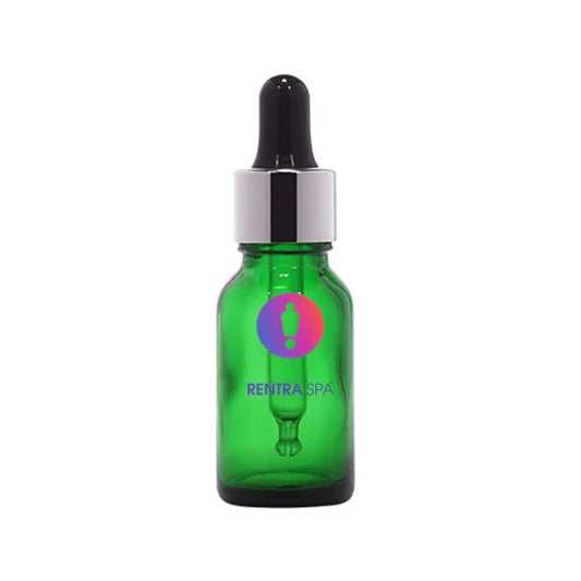 Green glass dropper bottle with silver cap for cosmetic packaging