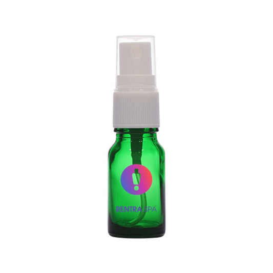 Green glass spray bottle with white plastic mist pump for cosmetic packaging