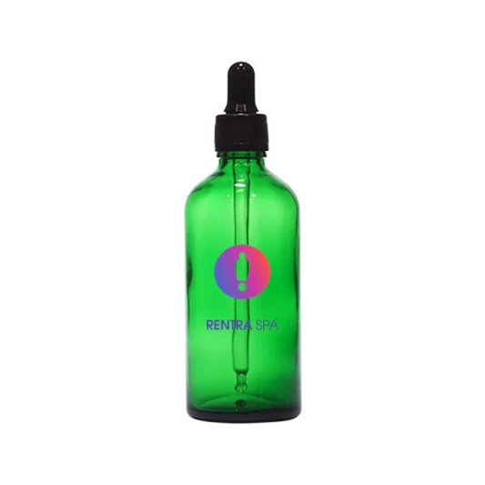 Green glass dropper bottle for cosmetic packaging with black cap and pipette