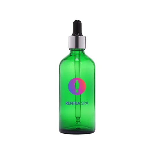 Green glass dropper bottle for cosmetic packaging with silver cap and gradient logo