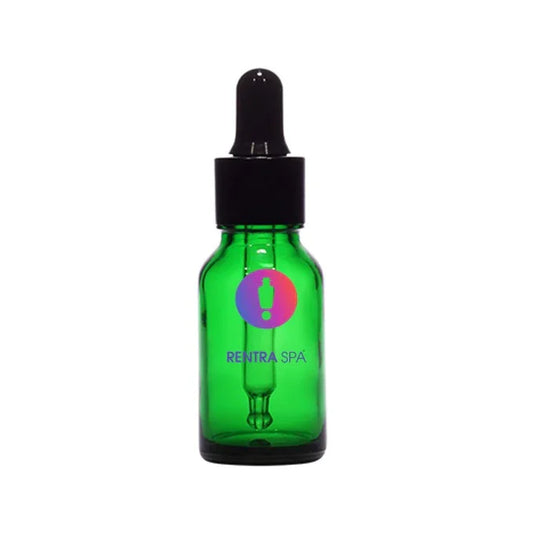 Green glass dropper bottle with black cap for cosmetic packaging
