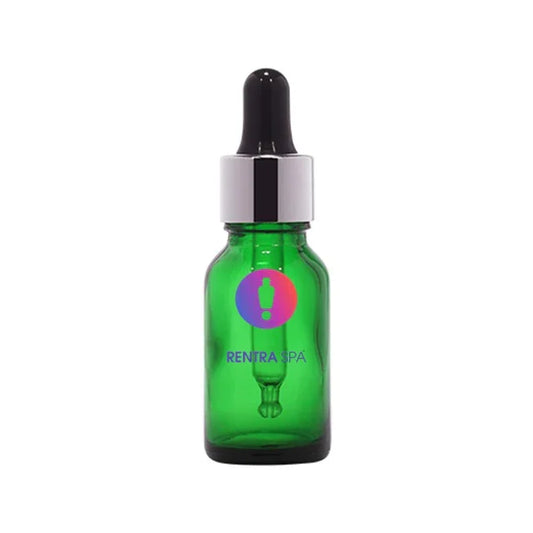 Green glass dropper bottle with silver cap for cosmetic packaging on white background