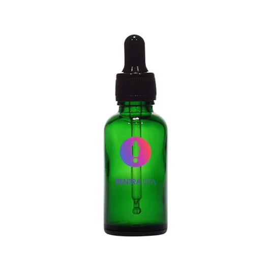Green glass dropper bottle with black cap for cosmetic packaging