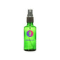 Green cosmetic glass spray bottle with black plastic atomizer and transparent cap