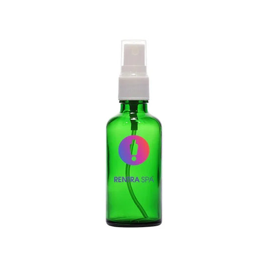 Green glass spray bottle with white pump, suitable for cosmetic packaging