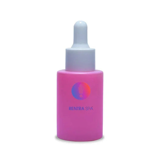 Pink glass dropper bottle with white cap for cosmetic serum packaging