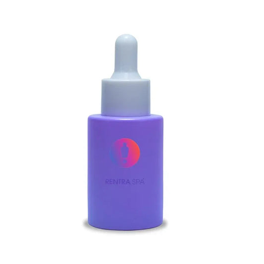 Purple cosmetic glass dropper bottle with logo and white cap for serum or skincare