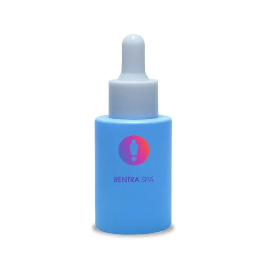 Blue glass dropper bottle with white cap and RENTRASPA™ logo for cosmetic packaging