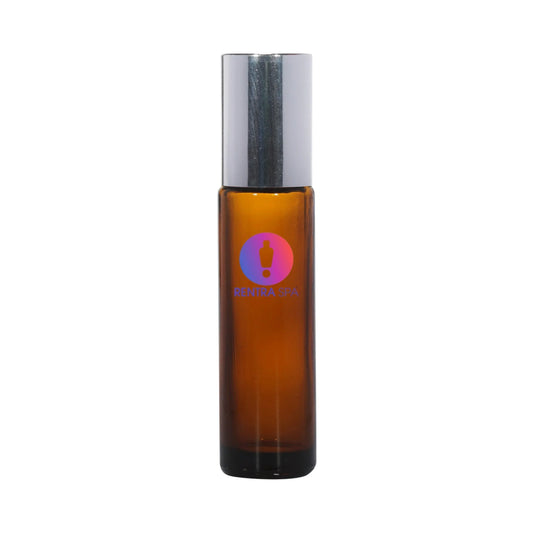 Amber glass cosmetic bottle with silver cap and printed logo, ideal for essential oils or serums