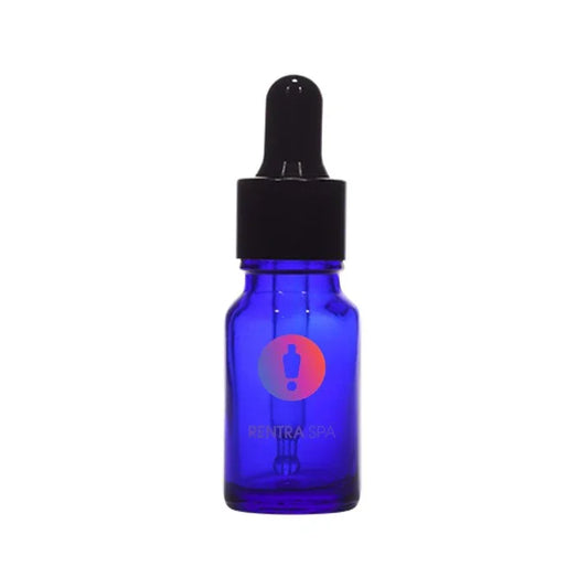 Blue glass dropper bottle with black cap for cosmetic packaging