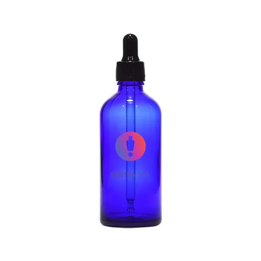 Blue glass dropper bottle with black cap, ideal for cosmetic liquid packaging