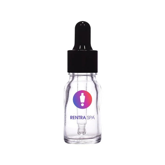 Clear glass dropper bottle with black cap for cosmetic packaging, white background