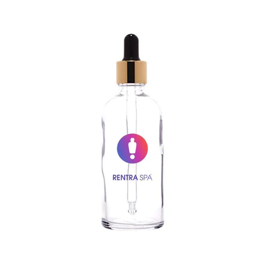 Clear glass dropper bottle with gold and black cap, suitable for cosmetic packaging.