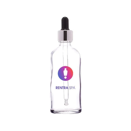 Clear glass dropper bottle for cosmetic packaging with black rubber top and logo