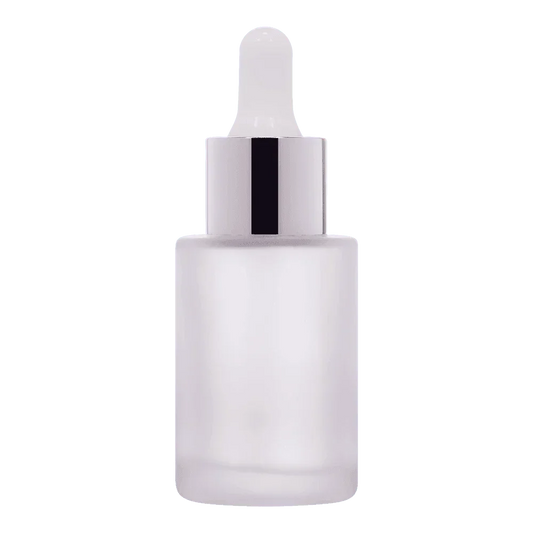 Frosted glass dropper bottle with silver cap for cosmetic serum packaging