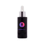 Black glass dropper bottle with gradient logo and silver cap, used for cosmetic packaging.