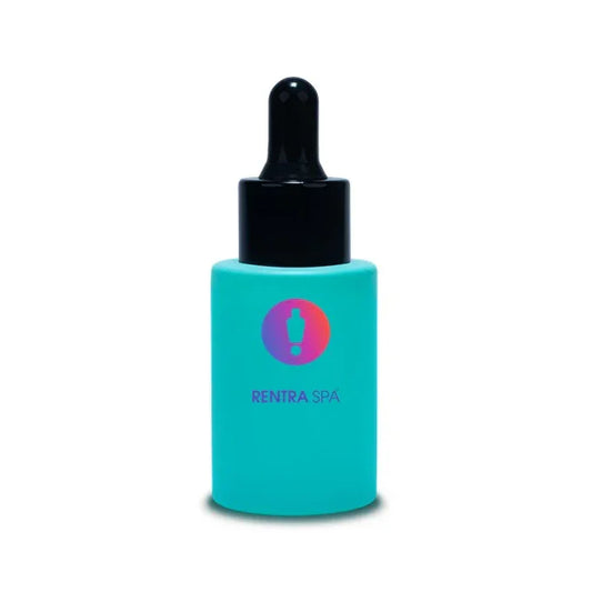 Aqua blue cosmetic glass dropper bottle with black cap and RENTRASPA™ logo