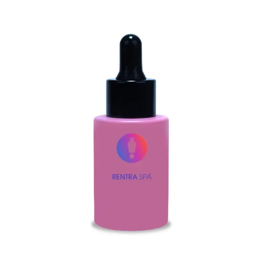 Pink cosmetic glass dropper bottle with black cap and RENTRASPA™ logo, for skincare packaging.