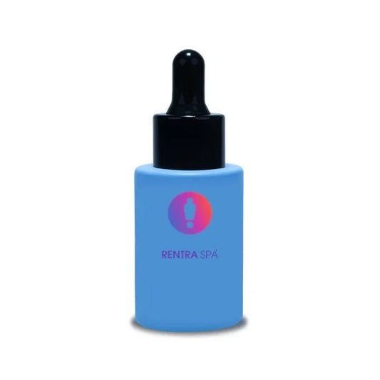 Blue glass dropper bottle for cosmetic packaging with black cap on white background