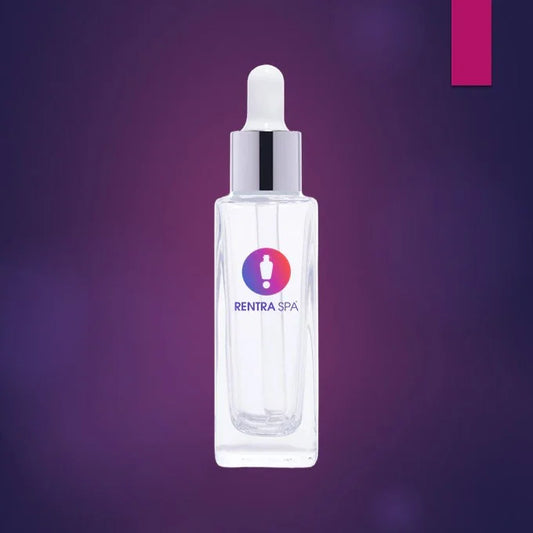 Clear square glass dropper bottle with silver cap for cosmetic packaging on purple background