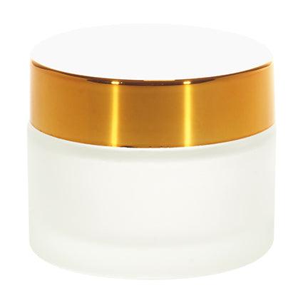 Frosted glass cosmetic jar with shiny gold lid, ideal for skincare packaging