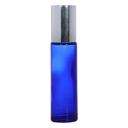 Cobalt blue cosmetic glass bottle with silver cap, ideal for perfumes or serums