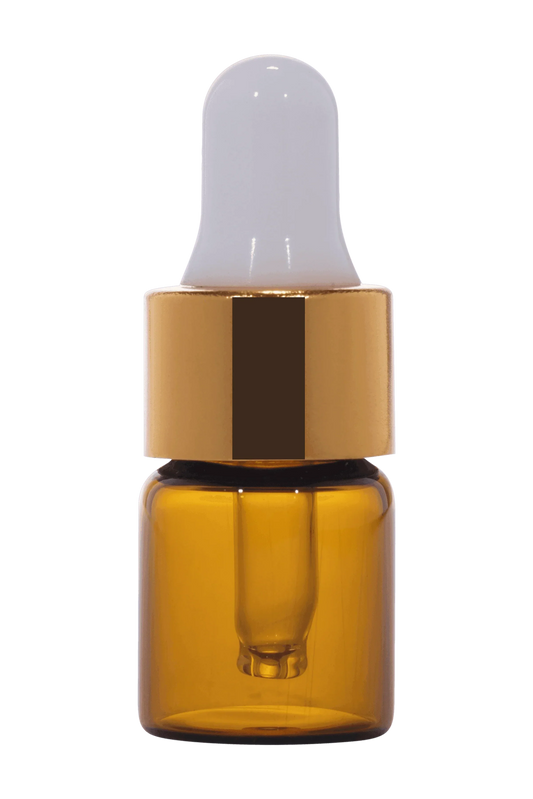 Amber glass dropper bottle with gold collar and white cap for cosmetic packaging