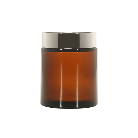 Amber glass cosmetic jar with silver lid for skincare or beauty product packaging