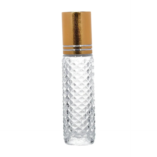 Clear diamond-textured glass bottle with a gold screw cap for cosmetic packaging
