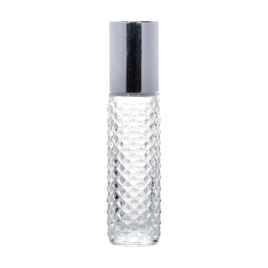 Clear textured glass cosmetic bottle with a silver cap, suitable for perfumes or serums