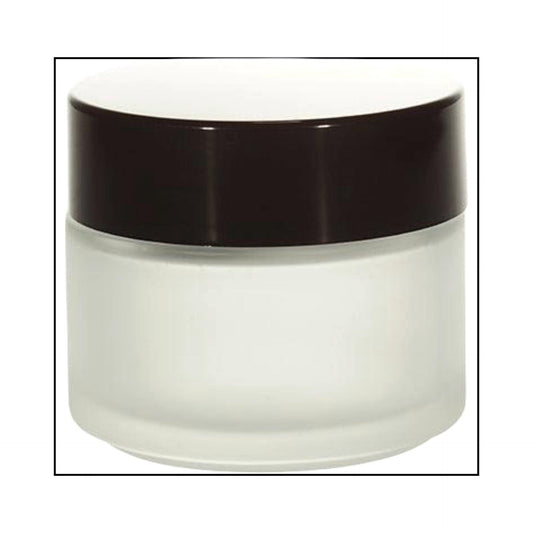 Frosted glass cosmetic jar with black screw cap, ideal for creams or skincare packaging