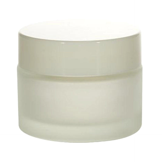 Frosted glass cosmetic jar with wide white cap, ideal for skincare or cream packaging