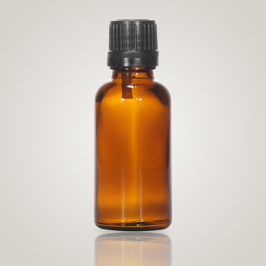 30ml amber glass essential oil bottle with black dropper