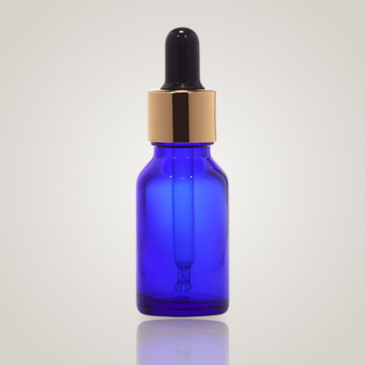 15ml blue glass dropper bottle with gold collar and black teat