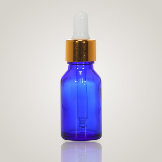 15ml blue glass dropper bottle with gold collar and white teat