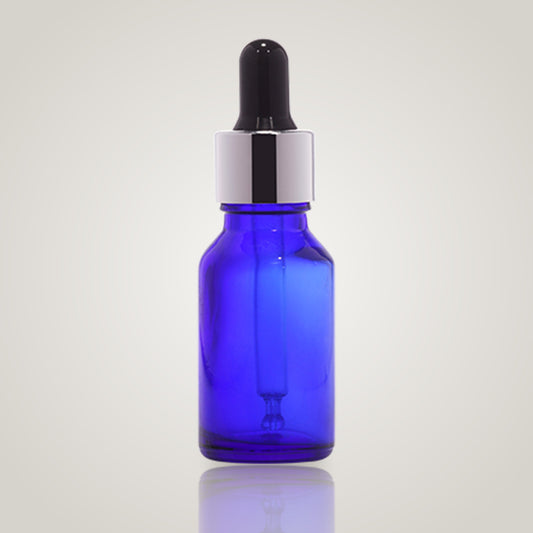 15ml blue glass dropper bottle with silver collar and black teat